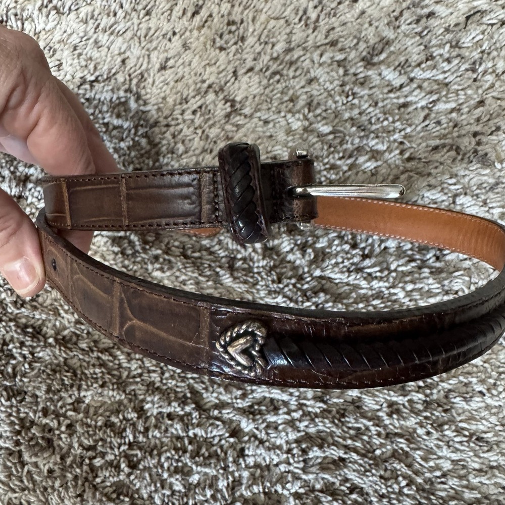 Brighton Brown Croc Pattern Leather Belt Silver Tone Buckle Sz S/28 Hearts